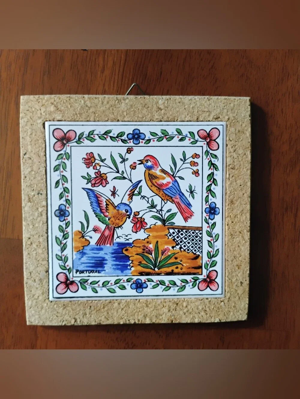 VTG Portugal Birds & Flowers Hand Painted Tile & Cork Trivets/Wall Hangers (2)